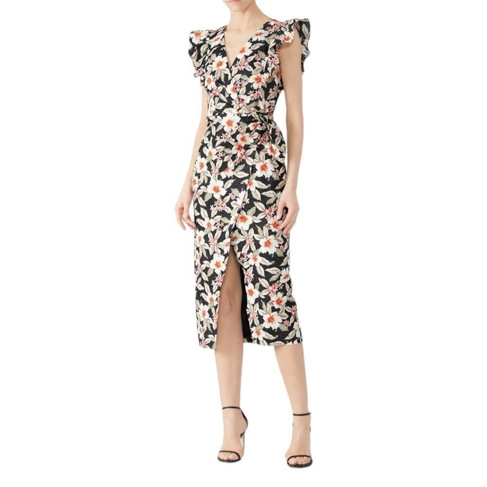 Rebecca Taylor Black Floral Midi Dress with Pink & Cream Blooms